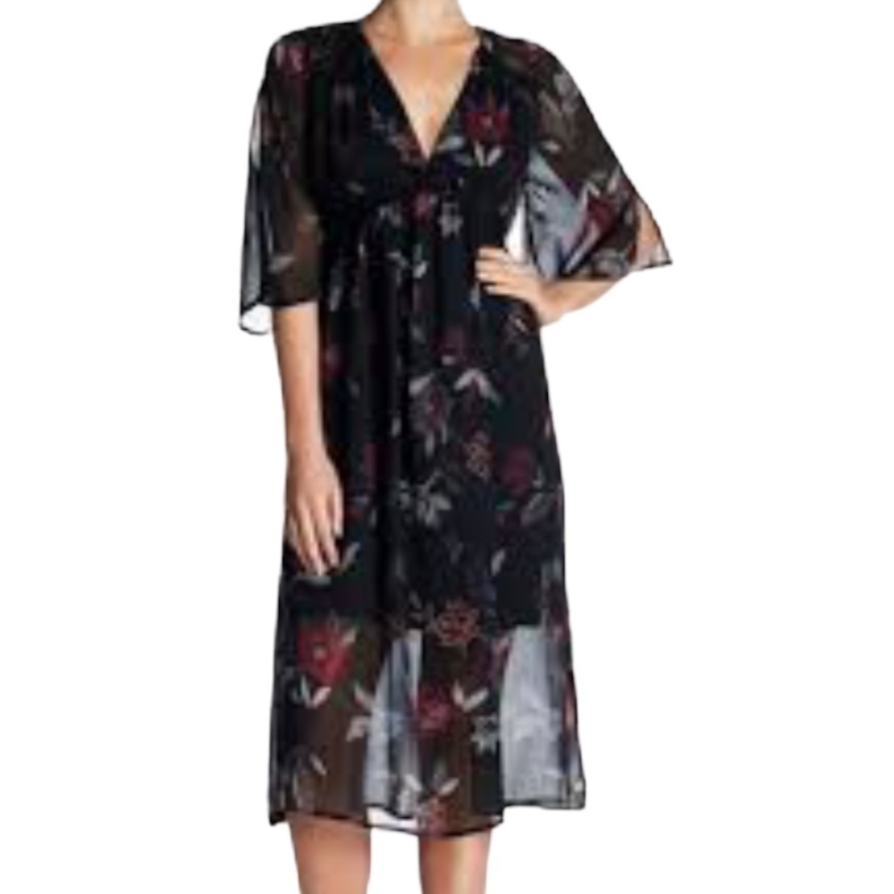 Wild Pearl Black Floral Chiffon Midi Dress XS